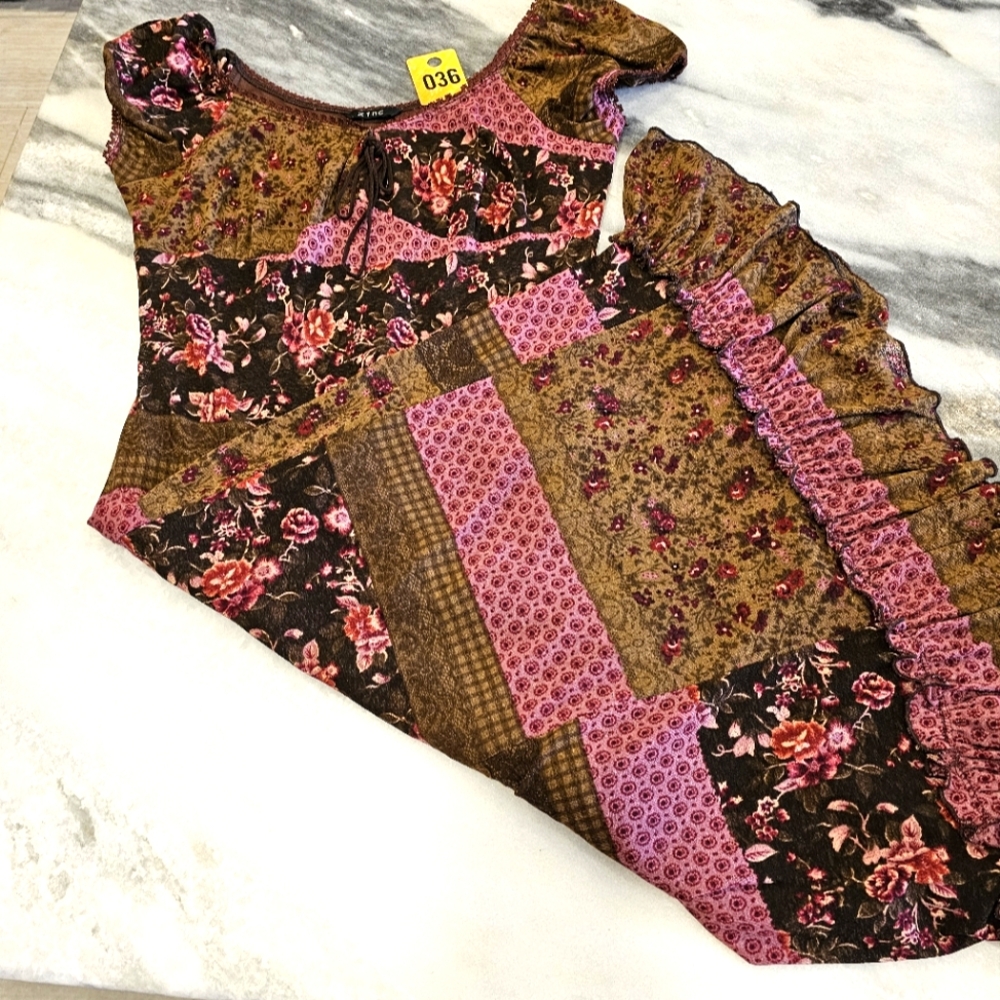 Zinc M/L Peasant Dress Lace Sheer Ruffled Hem Leather Accent Floral Patchwork